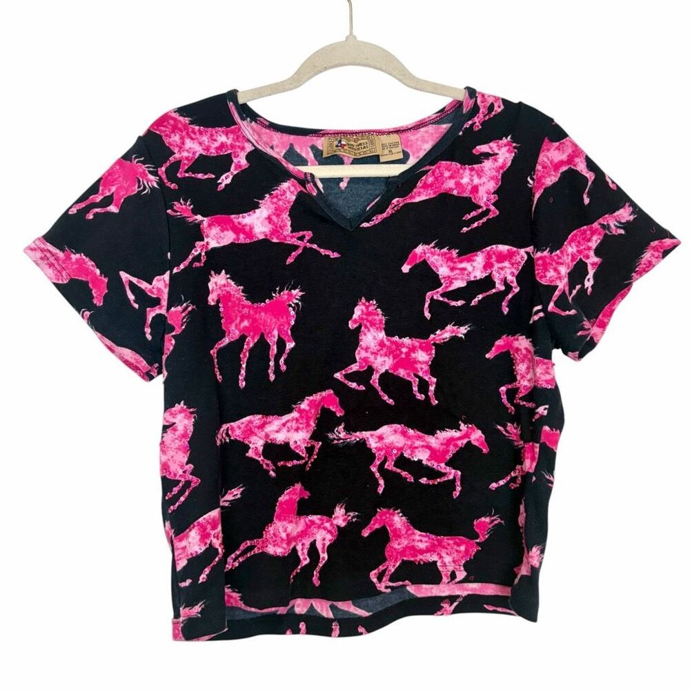 Don't Mess w Texas T-Shirt XL Black Pink Horse Short Sleeve Western Sequin Top